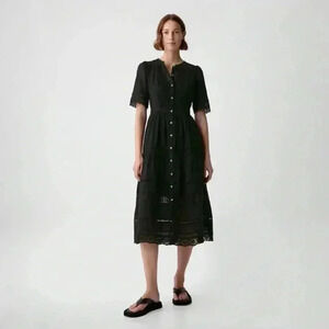 GAP Black Button-Front Midi Dress with Eyelet Detail